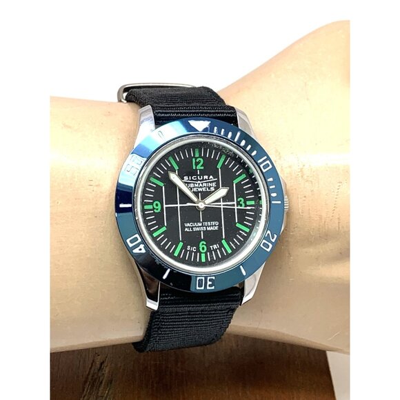 Sicura Submarine Men's Watch Vintage Swiss Manual Wind Black Dial 40mm Nylon - Picture 11 of 14